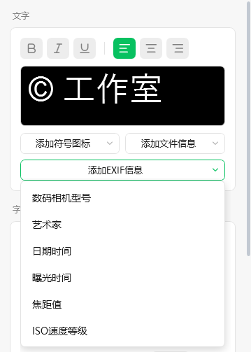 添加 EXIF 信息下拉菜单：数码相机型号、日期时间、曝光时间、焦距值、ISO 速度等级